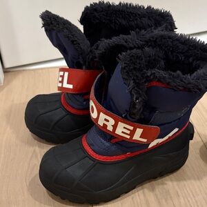 Sorel Kids' Black and Blue Winter Boots with Red Accents